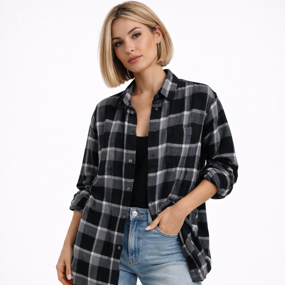 PRIMARK Black & Gray Plaid Button-Down Shirt – Women’s XL